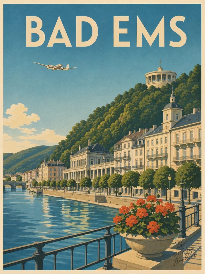 Vintage-Reiseposter: Bad Ems, Kurpromenade mit Kurhaus und Lahn
