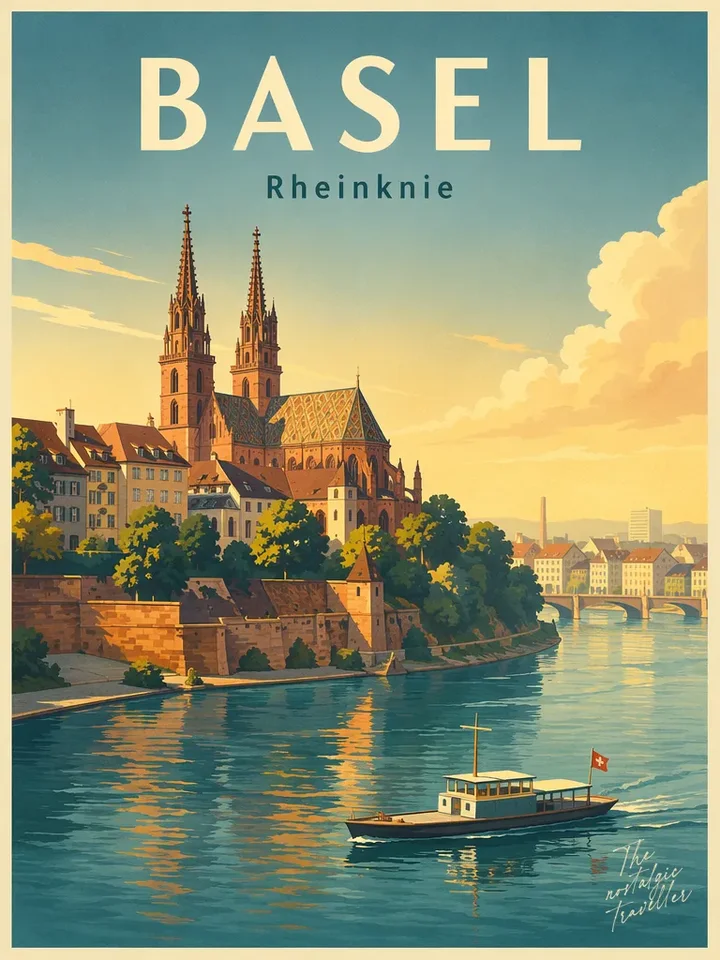 Vintage-Reiseposter: Basel — Rheinknie, Basler Münster mit Doppeltürmen über dem Rhein
