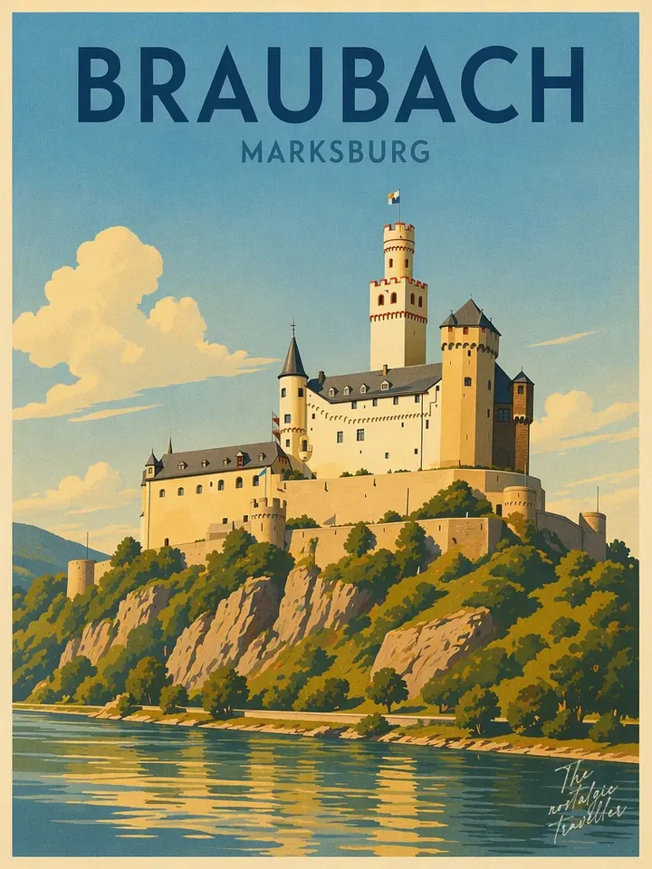 Vintage-Reiseposter: Braubach — Marksburg, Burg auf Felsen über dem Rhein