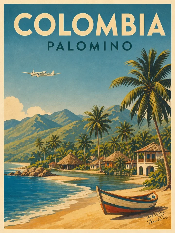 Vintage-Reiseposter: Colombia — Palomino, Palmenstrand mit Boot