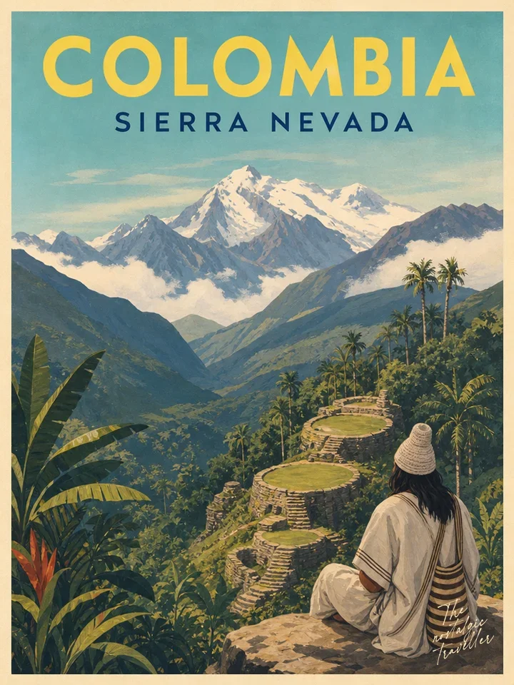 Vintage-Reiseposter: Colombia — Sierra Nevada, Terrassenruinen mit sitzender Rückenfigur