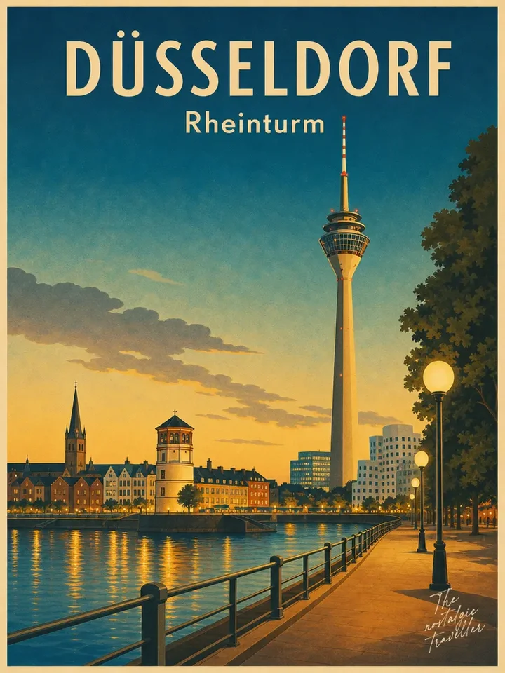 Vintage-Reiseposter: Düsseldorf — Rheinturm, Fernsehturm über Rhein-Promenade und Altstadt