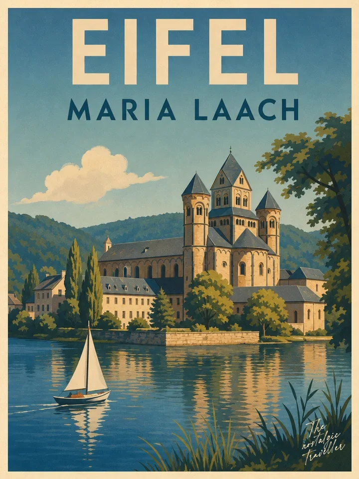 Vintage-Reiseposter: Eifel — Maria Laach, Abtei am See mit Segelboot