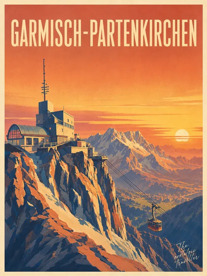 Vintage-Reiseposter: Garmisch-Zugspitze, Alpenpanorama mit Zugspitzgipfel