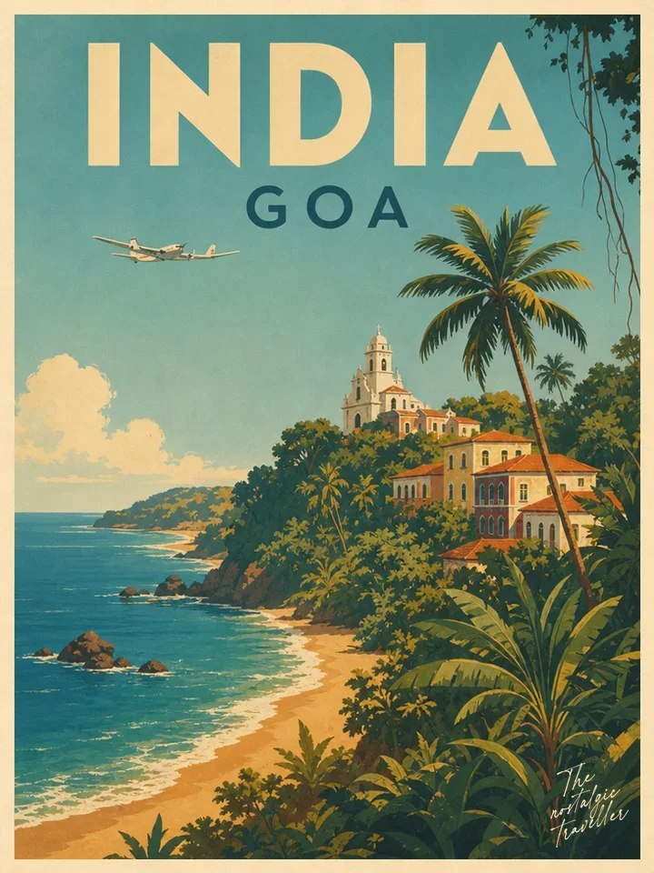 Vintage-Reiseposter: India — Goa, Tropische Küste mit portugiesischer Kolonialkirche