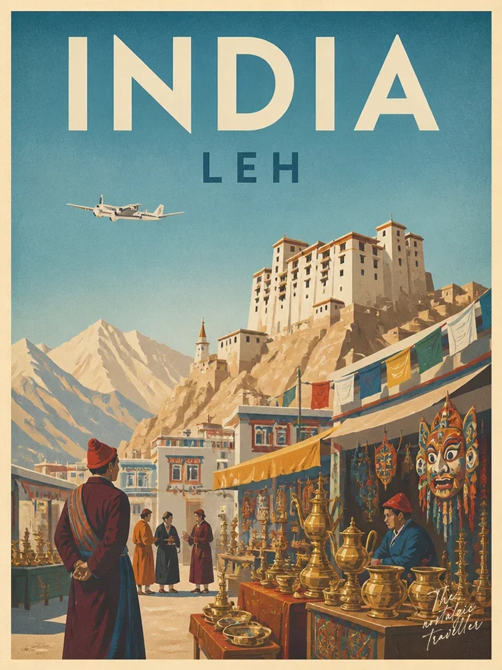 Vintage-Reiseposter: India — Leh, Leh Palace über Bergmarkt mit Händler