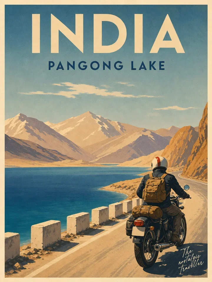 Vintage-Reiseposter: India — Pangong Lake, Motorradfahrer am türkisen Bergsee