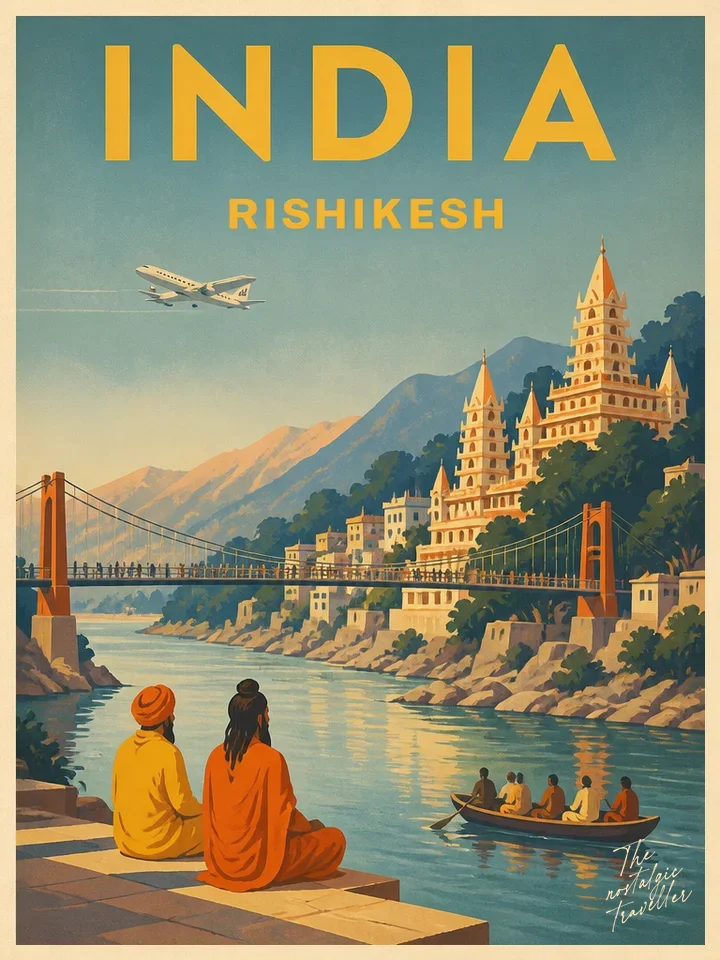 Vintage-Reiseposter: India — Rishikesh, Hängebrücke am Ganges mit Sadhu und Tempel