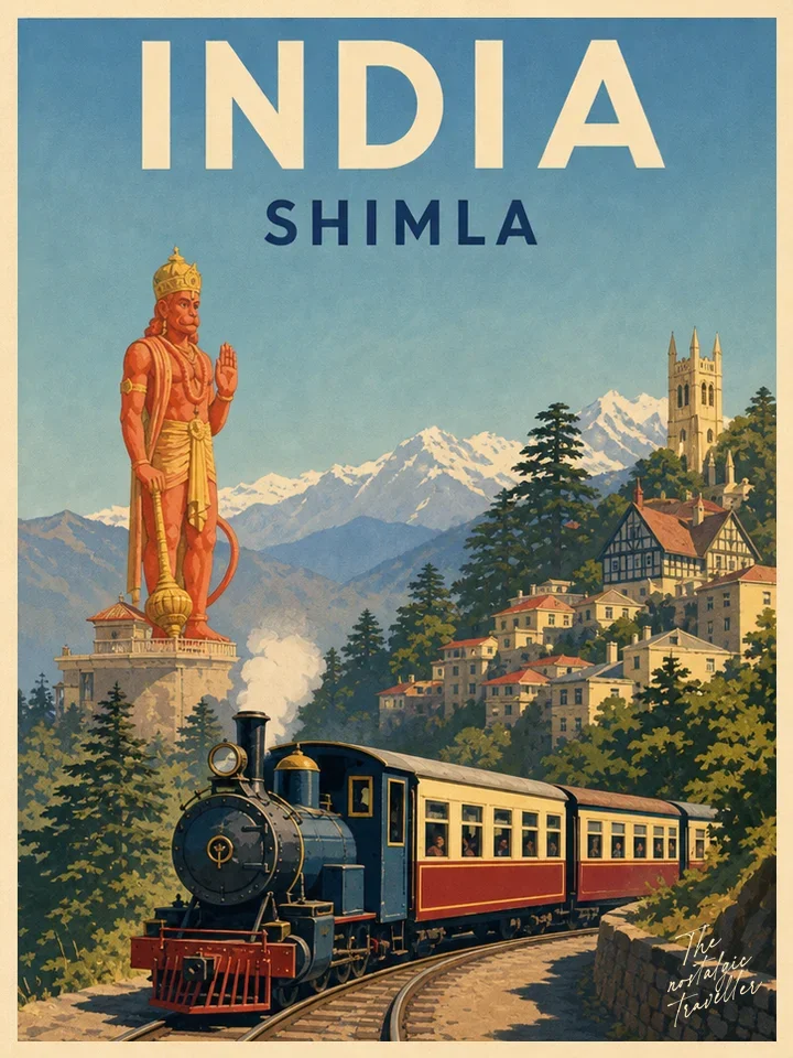 Vintage-Reiseposter: India — Shimla, Hanuman-Statue und Bergbahn