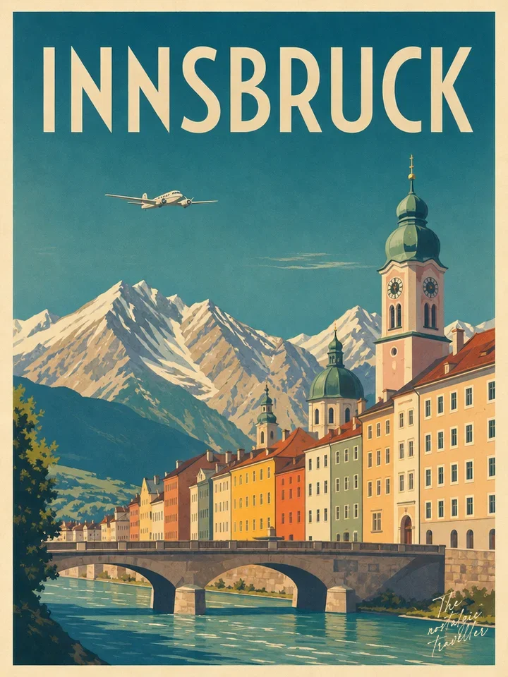 Vintage-Reiseposter: Innsbruck, Inn-Promenade mit Alpen und Stadtturm