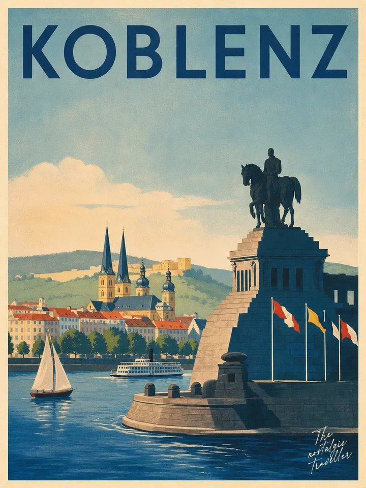 Vintage-Reiseposter: Koblenz — Deutsches Eck, Reiterstandbild am Deutschen Eck mit Rhein