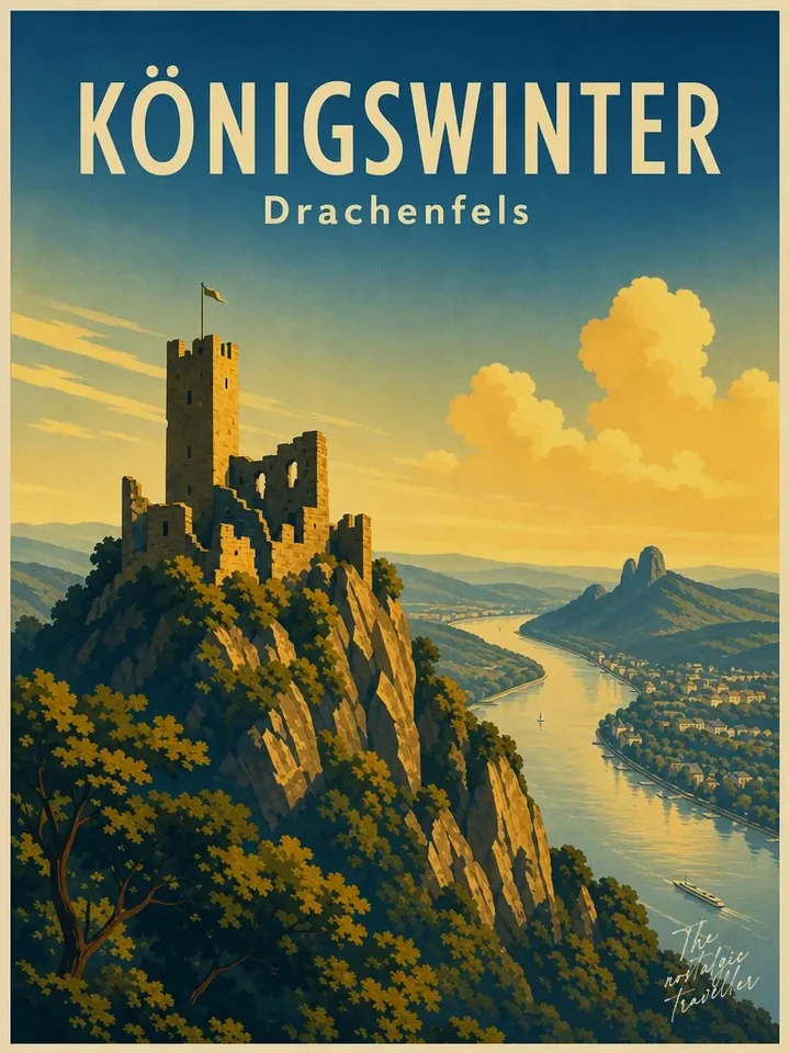 Vintage-Reiseposter: Königswinter — Drachenfels, Burgruine über dem Rhein mit Siebengebirge