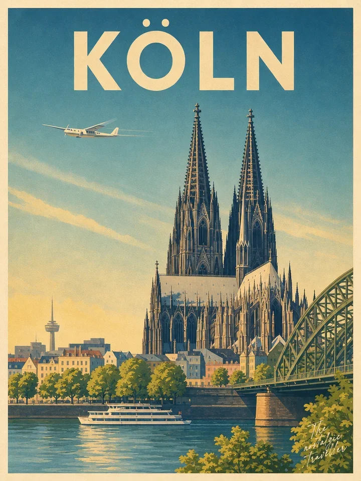 Vintage-Reiseposter: Köln, Kölner Dom über dem Rhein mit Brücke
