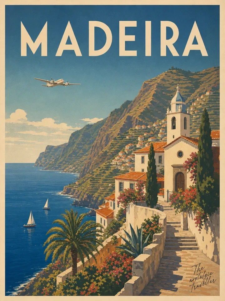 Vintage-Reiseposter: Madeira, Hang-Dorf mit Blumenterrassen und Atlantik