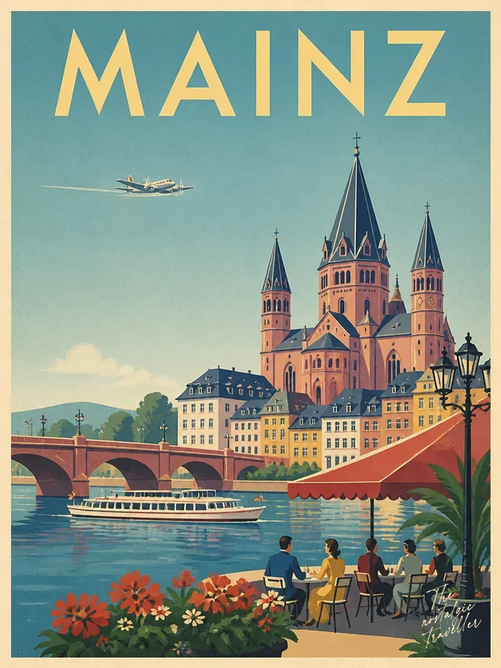Vintage-Reiseposter: Mainz, Dom und Rhein mit Café-Figuren