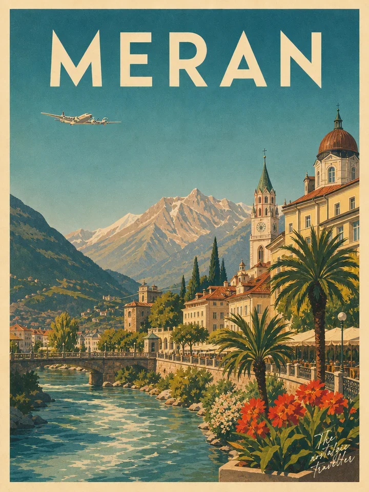 Vintage-Reiseposter: Meran, Kurpromenade mit Palmen und Dolomiten
