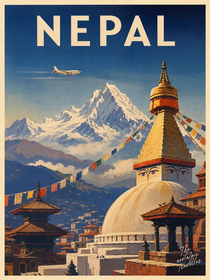 Vintage-Reiseposter: Nepal — Boudhanath, Stupa mit Gebetsfahnen vor weißen Bergen