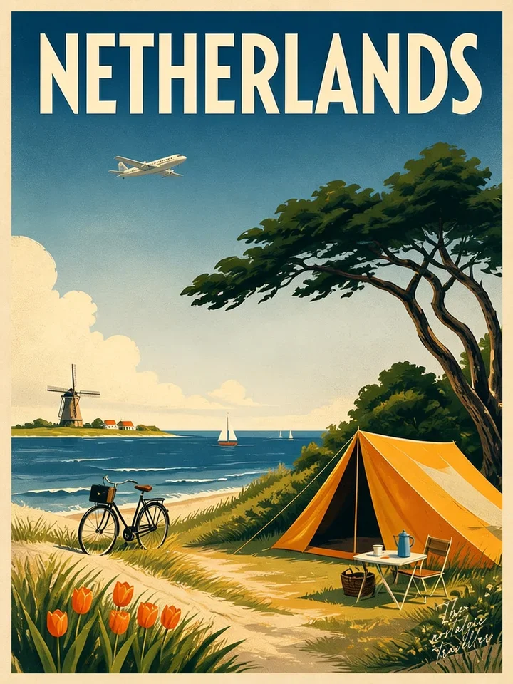 Vintage-Reiseposter: Netherlands, Windmühle und Zelt am Nordseestrand mit Tulpen