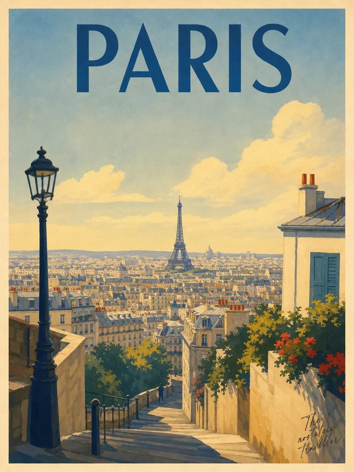 Vintage-Reiseposter: Paris, Eiffelturm-Blick von Montmartre-Treppe