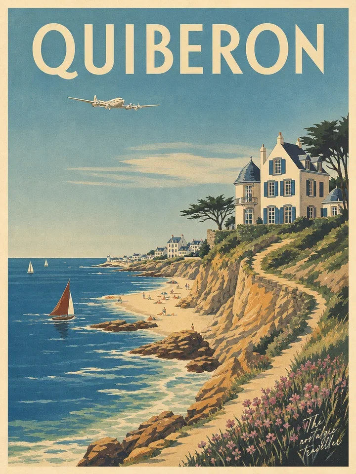 Vintage-Reiseposter: Quiberon — Bretagne, Villa über der Atlantikküste mit Segelbooten