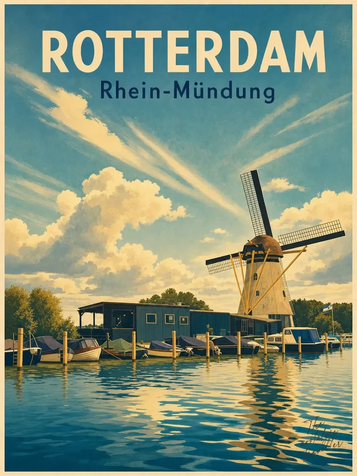 Vintage-Reiseposter: Rotterdam, Windmühle am Bootshafen im Kinderdijk-Stil