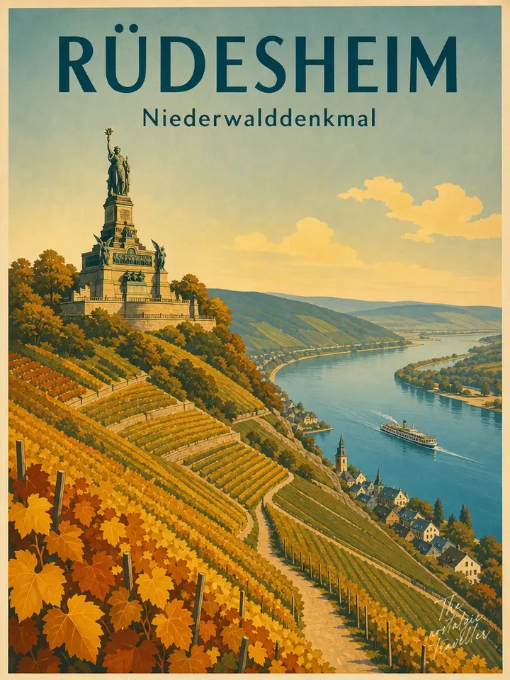 Vintage-Reiseposter: Rüdesheim — Niederwalddenkmal, Germania-Statue über Rhein-Weinbergen