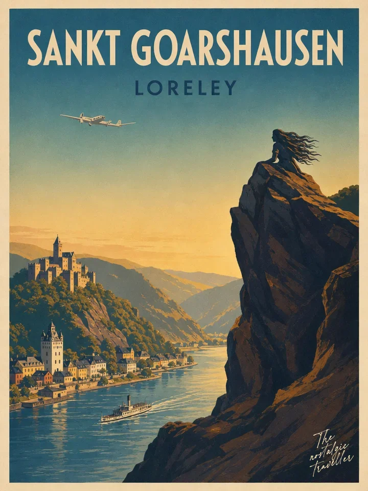 Vintage-Reiseposter: Sankt Goarshausen — Loreley, Loreley-Felsen mit wehender Figur über Rheintal