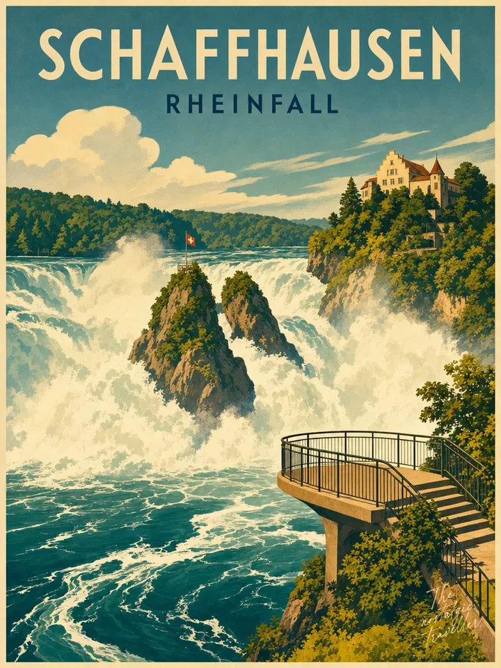 Vintage-Reiseposter: Schaffhausen — Rheinfall, Wasserfall mit Felsen, Schloss Laufen und Aussichtsplattform