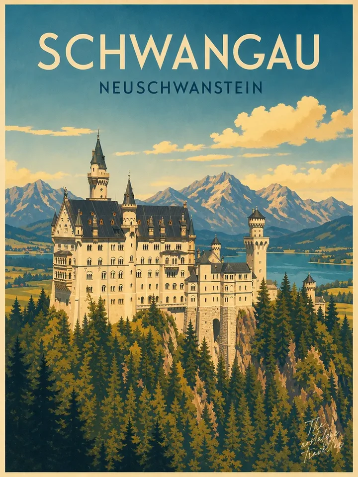 Vintage-Reiseposter: Schwangau, Schloss Neuschwanstein im bewaldeten Alpental