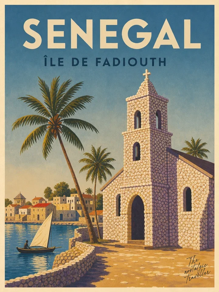 Vintage-Reiseposter: Senegal — Île de Fadiouth, Muschelkirche auf Muschel-Insel mit Segelboot