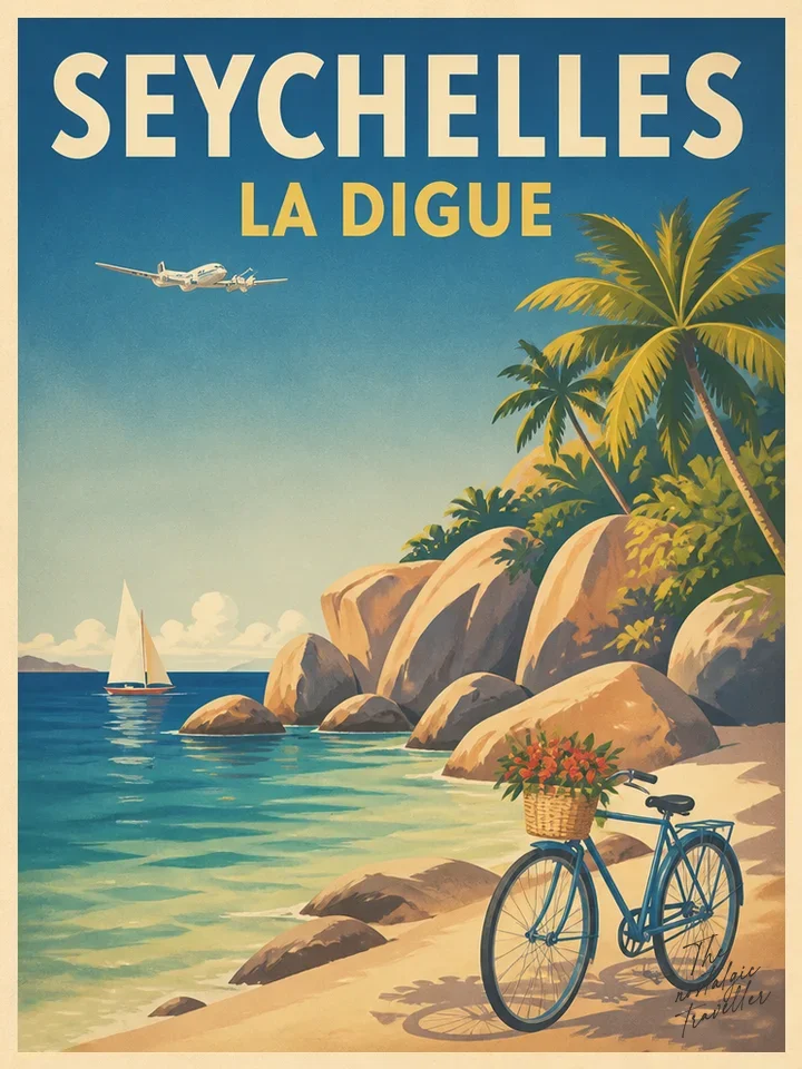 Vintage-Reiseposter: Seychelles — La Digue, Granitfelsen Palmen und Fahrrad am Strand