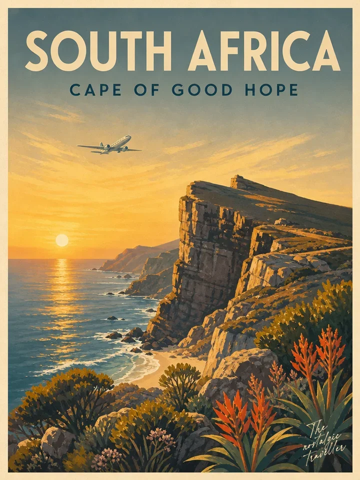 Vintage-Reiseposter: South Africa — Cape of Good Hope, Steilküste bei Sonnenuntergang