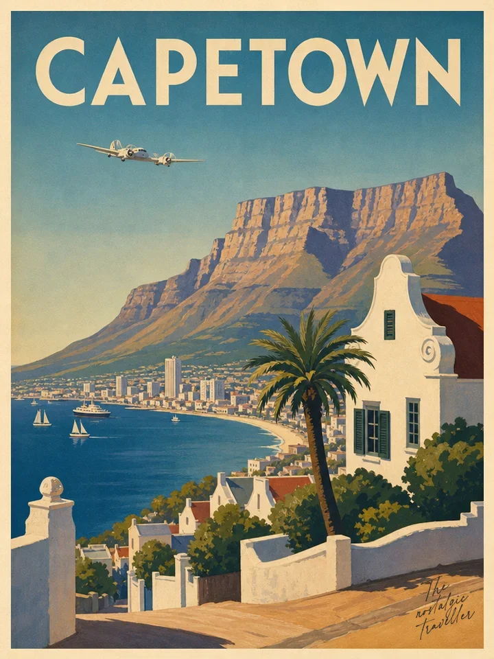 Vintage-Reiseposter: South Africa — Cape Town, Tafelberg-Blick mit Villa und Palme