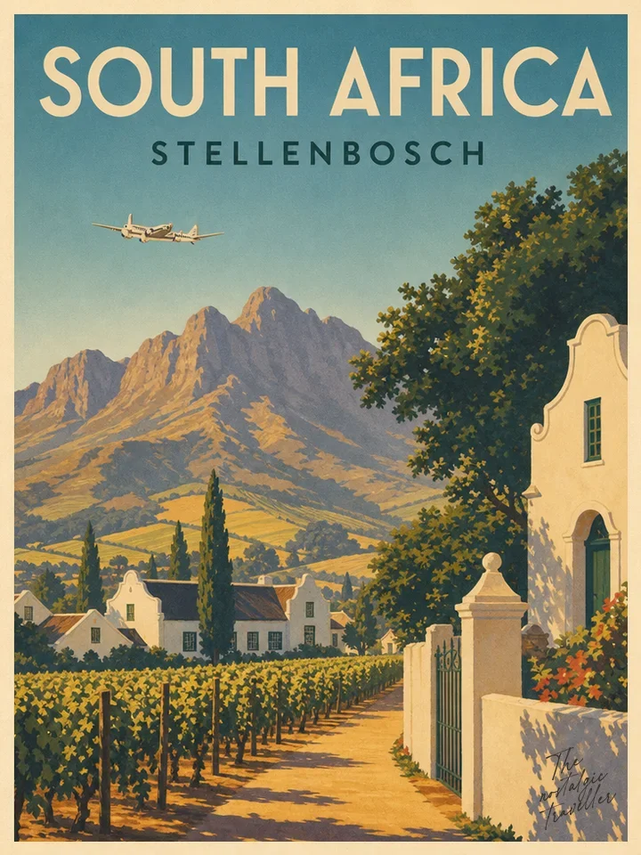 Vintage-Reiseposter: South Africa — Stellenbosch, Kapholländische Häuser und Weinberge vor Bergen