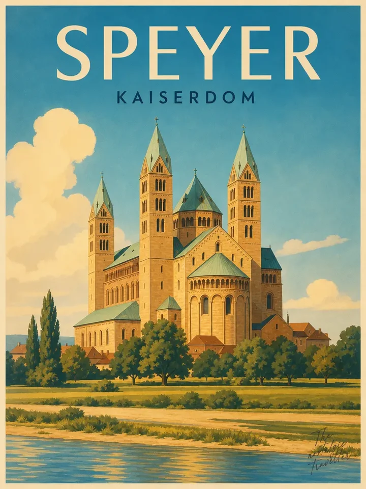 Vintage-Reiseposter: Speyer — Kaiserdom, Vier-Türme-Silhouette mit Rhein im Vordergrund