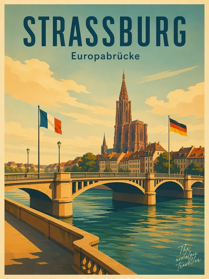 Vintage-Reiseposter: Straßburg — Europabrücke, Rheinbrücke mit Straßburger Münster im Hintergrund
