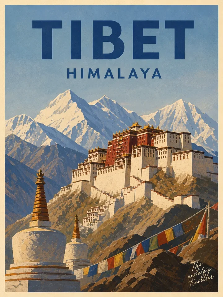 Vintage-Reiseposter: Tibet — Himalaya, Potala-Palast vor Schneegipfeln