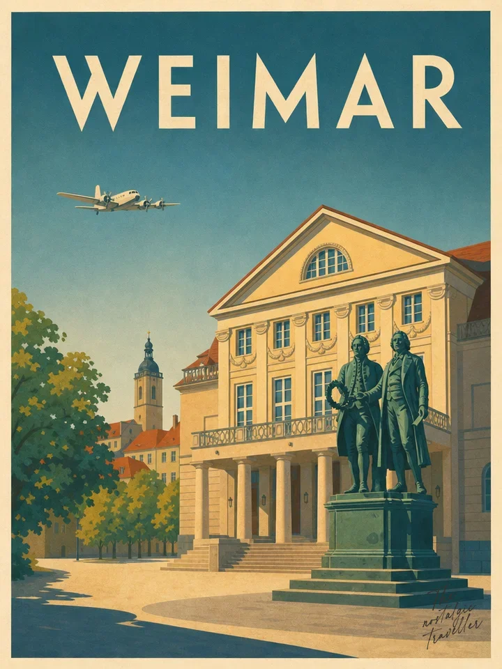 Vintage-Reiseposter: Weimar, Goethe-Schiller-Denkmal vor Nationaltheater