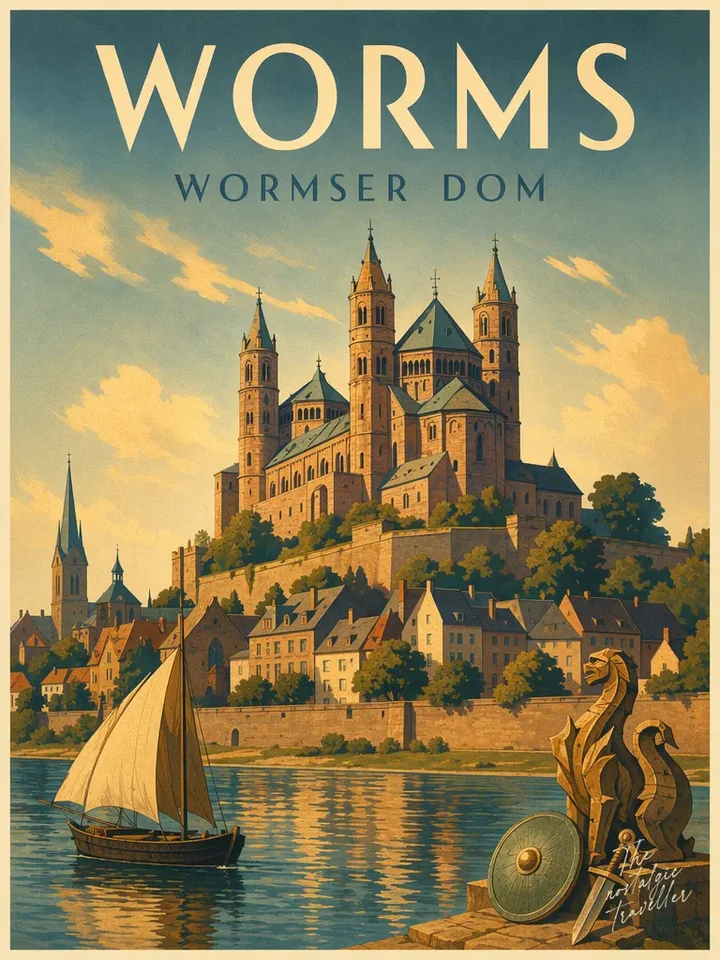 Vintage-Reiseposter: Worms — Wormser Dom, romanische Vier-Türme-Silhouette am Rhein